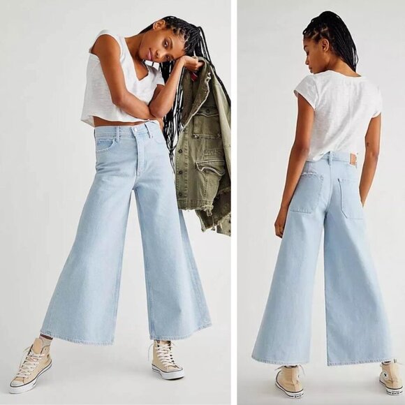 Free People Denim - Free People Landry Crop Wide Leg Jeans Bay Blue High Waist Bohemian Festival